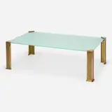 Coffee table by Modern, c. 1970, brass, frosted glass, sold Oct 2022