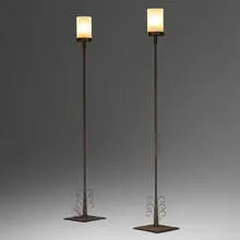 Floor lamps, pair by Jules Bouy, c. 1931, enameled steel, frosted glass, sold Oct 2022