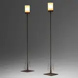 Floor lamps, pair by Jules Bouy, c. 1931, enameled steel, frosted glass, sold Oct 2022