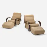 Casablanca lounge chairs and ottomans, pair by Jaime Tresserra Clapés, 1987 / 2010, stained beech, upholstery, chrome-plated brass, sold Oct 2022