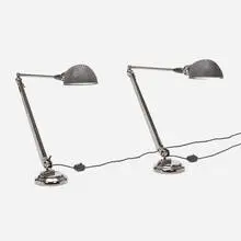 Table lamps, pair by Industrial, c. 1935, black chromed steel, enameled aluminum, brass, sold Oct 2022