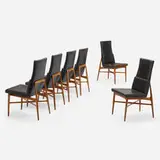 Madison dining chairs, set of six by Fred Sandra, c. 1965, leather, Italian walnut, sold Oct 2022