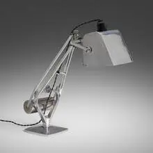 Pluslite table lamp by Hadrill and Horstmann, c. 1940, aluminum, chrome-plated steel, sold Oct 2022