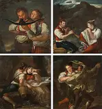 Folge von 4 Trachtendarstellungen Innerschweiz und Kanton Bern, 1817: "Lungeren Cton Obwalden"; ein Armbrustschütze mit seiner Frau by Josef Reinhard, oil on panel, sold Mar 2019