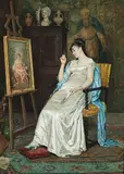 Sitzende Dame in Interieur, ein auf einer Staffelei stehendes Gemälde betrachtend, 1879 by Émile Robellaz, oil on panel, sold Mar 2019