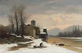 Winterliche Flusslandschaft mit Reisigsammlerin by Gustave Castan, oil on canvas, sold Mar 2019