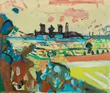 Sommerlandschaft mit Gaswerk Schlieren", um 1948 by Max Gubler, oil on canvas, sold Mar 2019
