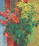 Stillleben mit Mohn und Goldrute by Heinrich Müller, oil on canvas, offered Mar 2019
