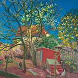Morgen im Hühnerhof (mit Pflaumen- und Kirschenblüte)", 1989 by Karl Landolt, oil on canvas, sold Mar 2019
