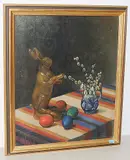 Stillleben mit Schokoladenosterhase, gefärbten Eiern und einem Krug mit Weidenkätzchen und Schneeglöckchen, 1928 by Rudolf Dürrwang, oil on canvas, offered Mar 2019