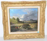 Sonnenbeschienene Landschaft mit weidenden Kühen und Schafen by Jean-Baptist Muntzberger, oil on paper, offered Mar 2019