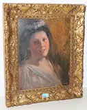 Portrait einer jungen Frau, einen Blumenkranz im Haar tragend by Victor Tobler, oil on board, offered Mar 2019