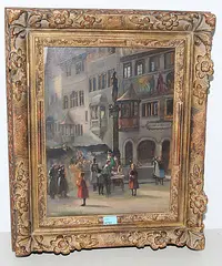 Dorfplatz in Stein am Rhein, mit dem Hotel Sonne by Fritz August Vitalis Widmann, oil on board, sold Mar 2019