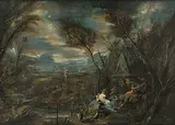 Ein Faun und eine Satyrin spielen Musik in der Nähe eines klassischen Grabmals inmitten einer Waldlandschaft, mit einer Herme in der Ferne by Magnasco, Alessandro, genannt il Lissandrino, oil on canvas, offered Dec 2018