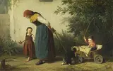 Grossmutter mit Enkeln auf dem Nachhauseweg by August Heinrich Niedmann, 1868, oil on canvas, sold Dec 2018