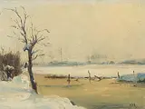 Verschneite Flusslandschaft by Hippolyte Camille Delpy, oil on panel, sold Dec 2018