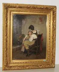 Mutter und Kind in der Küche by Paul Seignac, oil on canvas, sold Dec 2018