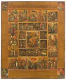 Russisch, um 1800 by Grosse Festtagsikone mit Passionszyklus, tempera, offered Dec 2018