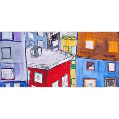 Cityscape by Chris Johanson, 1994, acrylic on wood panel, sold Jun 2023