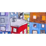 Cityscape by Chris Johanson, 1994, acrylic on wood panel, sold Jun 2023