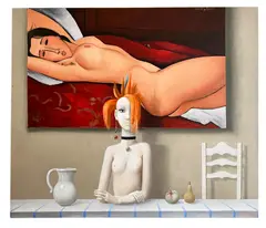 nude woman at table with painting of reclining nude in background by Alexander Anufriev, oil on canvas, sold Apr 2026