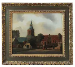European street scene with Dutch architecture such as church steeple as found in Amsterdam or Delft by Johan Godfried van Ginkel, oil on canvas, sold Apr 2026