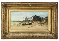 coastal scene with boat docked near house by Albert Hodder, oil on canvas, sold Apr 2026