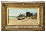 coastal scene with boat docked near house by Albert Hodder, oil on canvas, sold Apr 2026