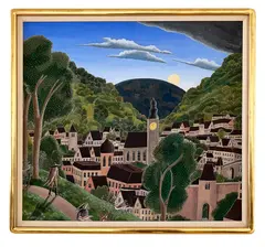 village view by Thomas McKnight, oil on canvas, sold Apr 2026