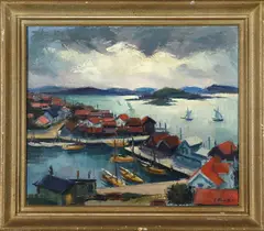Coastal Villiage and Sailing Ships by Juhan Nõmmik, oil on board, sold May 2020