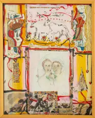 The Relationship of Hands Forming a New Beginning and the Sin of the Forbidden Apple by Eva Bouzard-Hui, 1999, Mixed Media Collage, sold Jan 2025