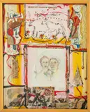 The Relationship of Hands Forming a New Beginning and the Sin of the Forbidden Apple by Eva Bouzard-Hui, 1999, Mixed Media Collage, sold Jan 2025