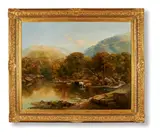 Afternoon, cattle watering by a lake in a mountainous landscape by Thomas Creswick, oil, sold Jun 2021