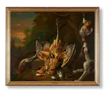 Dead game, bittern, snipe, partridge with spaniel and gun by Charles Collins, 1739, oil, sold Jun 2021