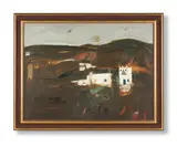 Whitewashed buildings in a landscape by Elizabeth Blackadder, 1962, oil, sold Jun 2021