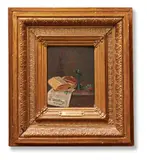 Still life of wine glass and books by M. Morig, 1898, oil, sold Jun 2021