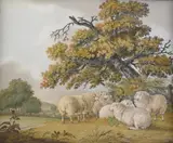 A sand painting of sheep in a landscape by SchSchool of Benjamin Zobel, oil, offered Jun 2021