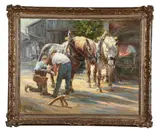 Blacksmiths and horses Oil on canvas Signed lower right 80 x 100cm (31¼ x 39¼ in.) by Hans Nickel, Oil on canvas, sold Jun 2021
