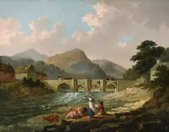 Bishop Trevor's Bridge, LlangollenOil on canvasTitled (to label verso)39 x 50cm (15¼ x 19½ in.)Provenance:Berwick House, Shropshire Condition Report: Relined by Julius Caesar Ibbetson, oil, offered May 2021
