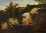 A rocky river landscape with bridge and boy fishing by George Hickin, 1849, oil, sold May 2021