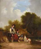 Girls picnicking by a pond and a goat nearbyOil on panelSigned (verso)60 x 50cm (23½ x 19½ in.) by William Joseph Shayer, oil, offered May 2021