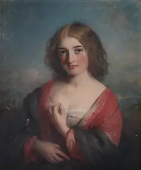A country girl wearing a red dress and blue wrap in a landscapeOil on canvas36 x 29cm (14 x 11¼ in.)Provenance:Berwick House, Shropshire by Charles Baxter, oil, sold May 2021