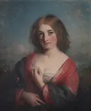 A country girl wearing a red dress and blue wrap in a landscapeOil on canvas36 x 29cm (14 x 11¼ in.)Provenance:Berwick House, Shropshire by Charles Baxter, oil, sold May 2021