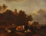 Cattle, sheep and goats by a barn with houses and churchOil on canvasSigned (lower right)74.5 x 95cm (29¼ x 37¼ in.)Provenance:Berwick House, Shropshire by Albert Jansz Klomp, oil, sold May 2021
