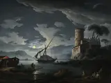 Mediterranean harbour by moonlight by Carlo Bonavia, oil, sold May 2021