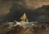 Fishing boat off the coast in a storm by Richard Brydges Beechey, 1864, oil, sold May 2021