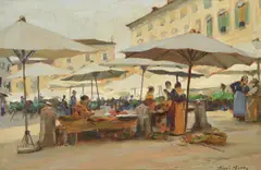 Market placeOil on panelSigned (lower right)22.5 x 33cm (8¾ x 12 in.) by Alexander Mann, oil, sold May 2021