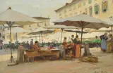 Market placeOil on panelSigned (lower right)22.5 x 33cm (8¾ x 12 in.) by Alexander Mann, oil, sold May 2021