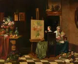 An artist in her studioOil on panel66 x 77cm (25 x 30¼ in.) by Jos van Bree, oil, offered May 2021