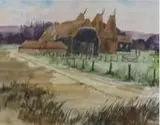 Oast houses by Robert Tavener, ink and watercolour, sold May 2022